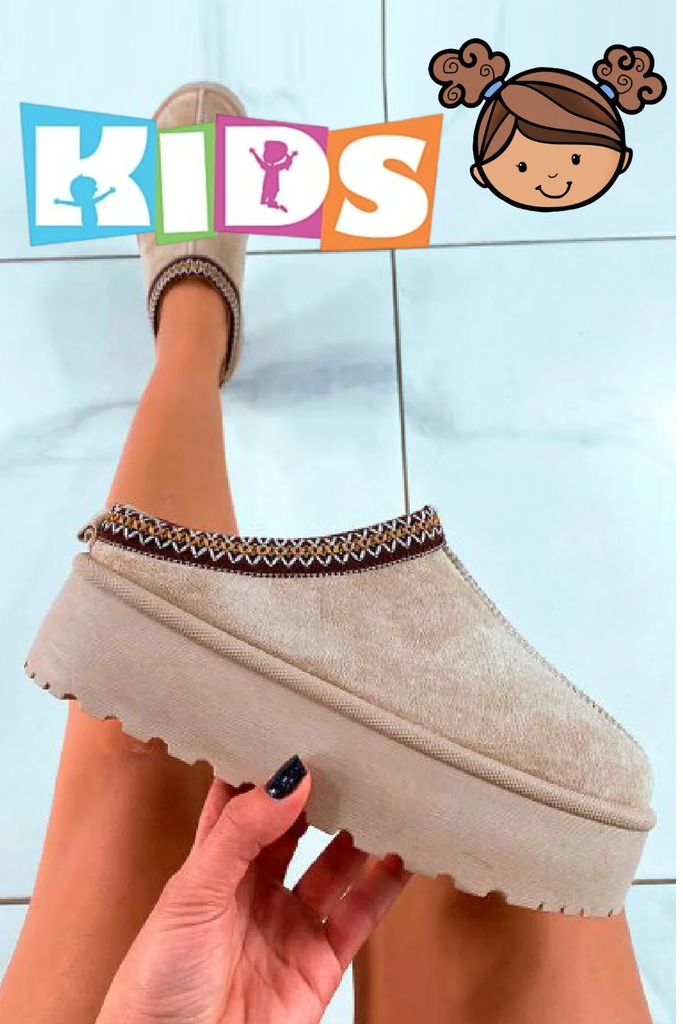 Kids: Fluffy Faux Fur Platform Slippers -Camel