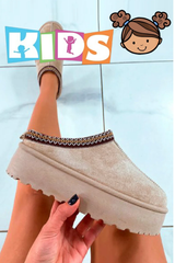 Kids: Fluffy Faux Fur Platform Slippers -Camel