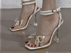Pearl Bow Ankle Strap Stilettos -Silver