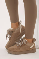 Faux Suede Trainers Lace-Up -Mocha