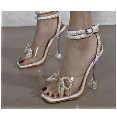 Pearl Bow Ankle Strap Stilettos -Silver