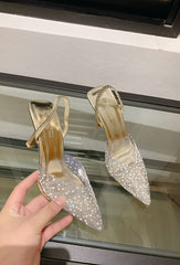 Crystal-Embellished Pointed-Toe Slingback Heels -Gold
