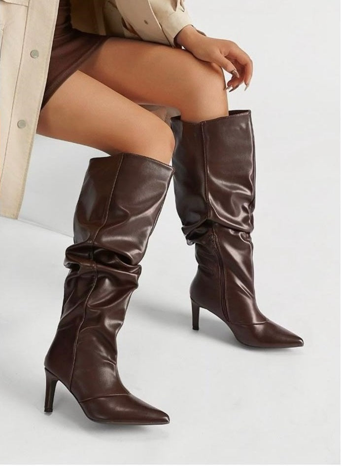 Pointed Toe Stiletto Heel Thigh High Boots -Brown