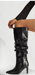 Pointed Toe Stiletto Heel Thigh High Boots -Black