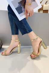 Block Heel Sandals with Rhinestone Strap -Gold