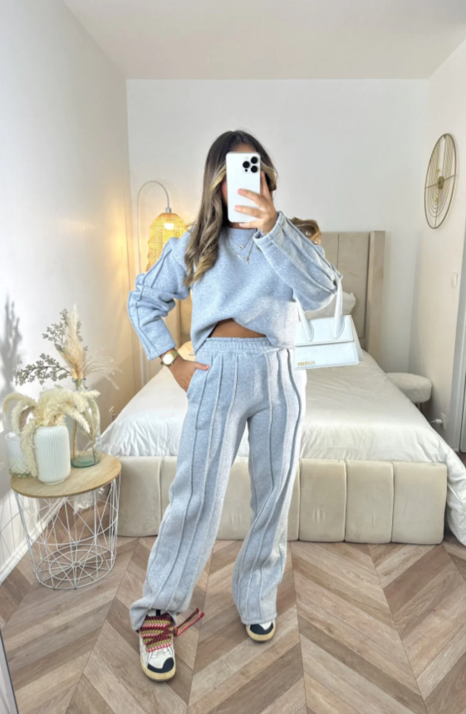 Fleece Lined Pleated Co-ord -Grey
