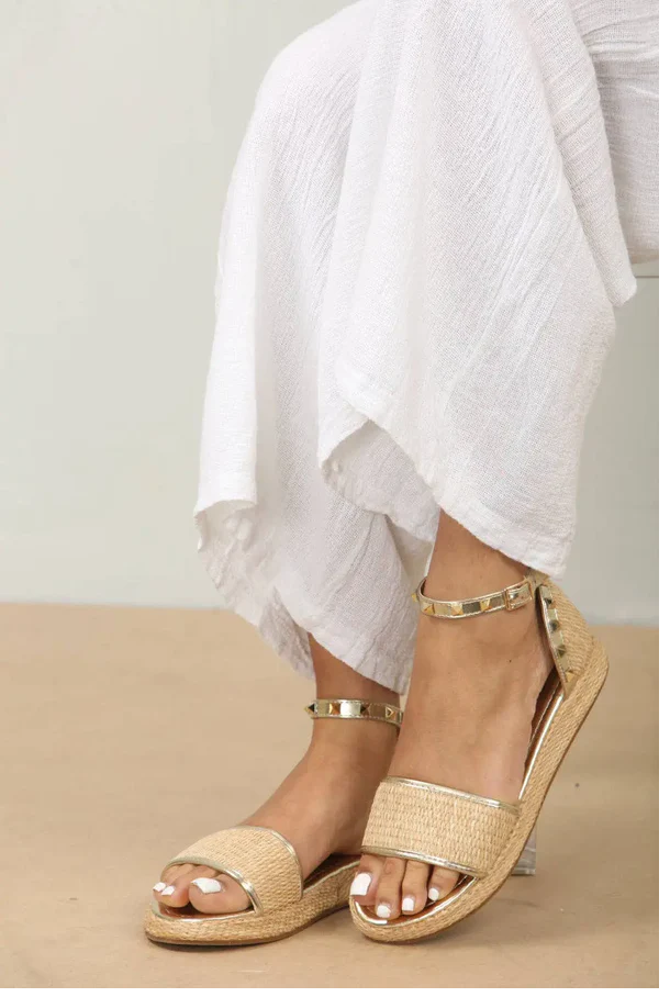 Studded Closed Back Ankle Strap Sandals -Gold