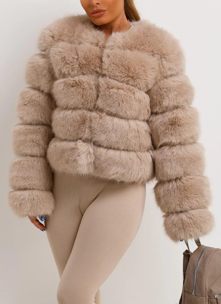 Faux Fur Puffer with Hook Fastening -Beige