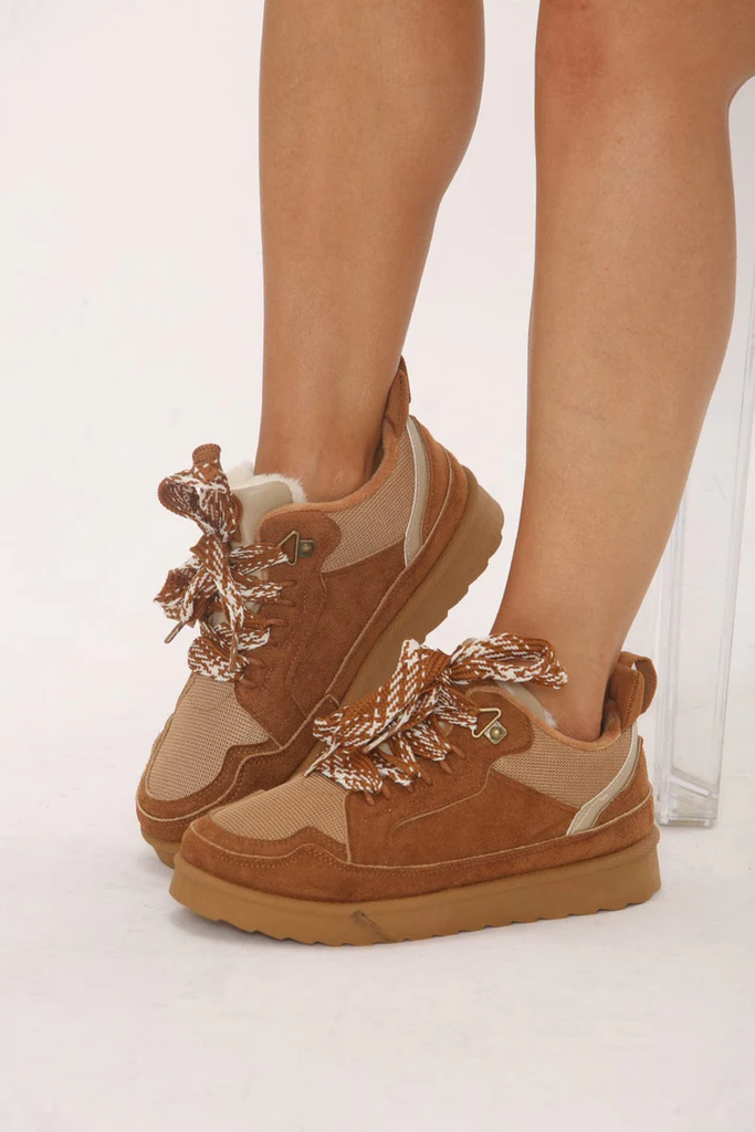Faux Suede Trainers Lace-Up -Chestnut