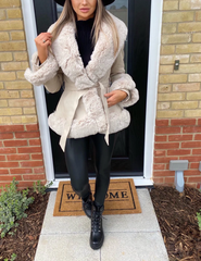 Faux Fur Belted Leather Jacket -Beige