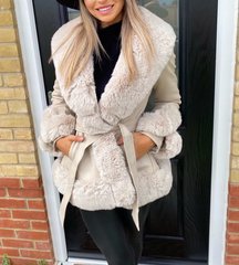 Faux Fur Belted Leather Jacket -Beige
