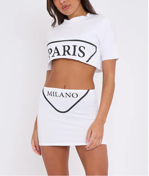Paris Milano Crop Top & Skirt Co-ord Set -White