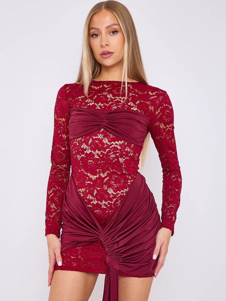Lace Mini Dress With Drape Detail -Wine