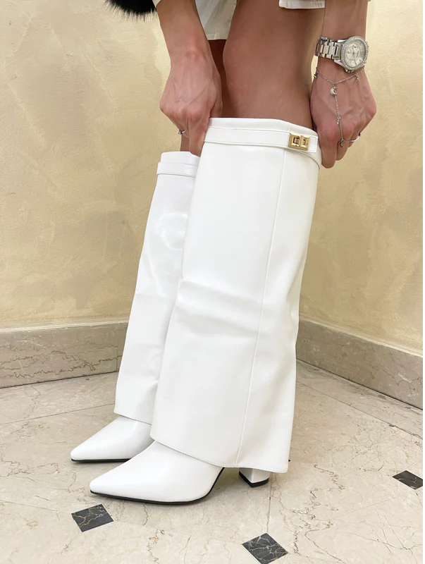 Fold Over Shark Classic Buckle Knee High Boot -White