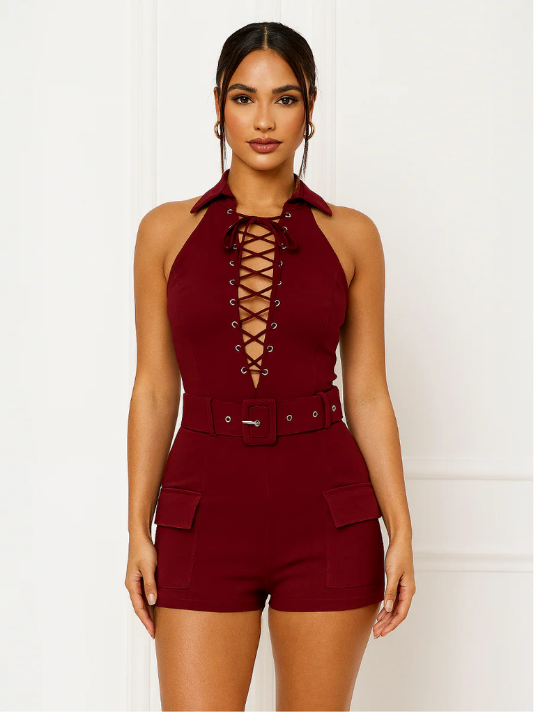 Lace Up Front Cargo Playsuit With Matching Belt -Wine