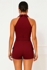 Lace Up Front Cargo Playsuit With Matching Belt -Wine