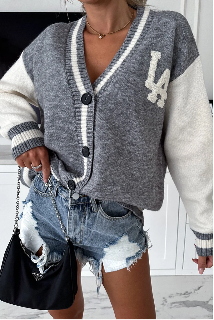 Knit Varsity Cardigan -Grey
