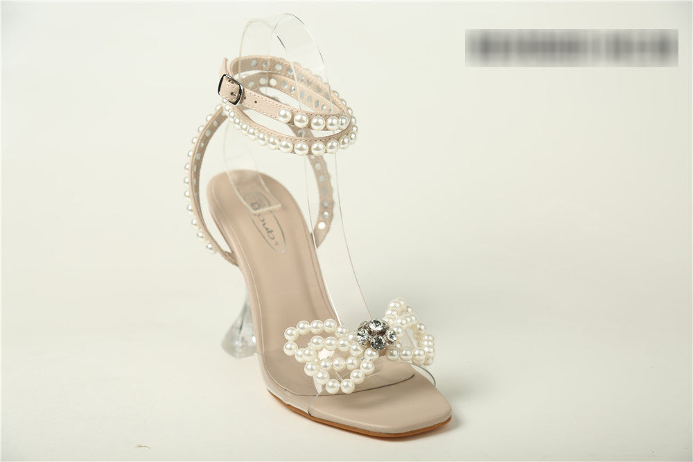 Pearl Bow Ankle Strap Stilettos -Nude