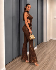 Floral Lace Halter Neck Flared Jumpsuit -Brown