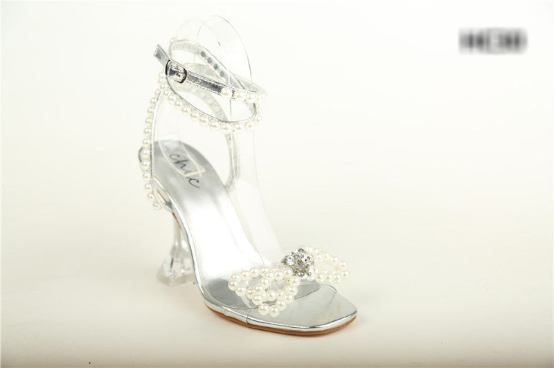 Pearl Bow Ankle Strap Stilettos -Silver
