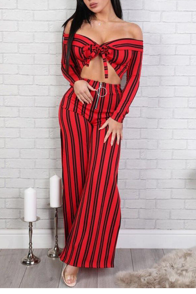 Stripe Tie Bardot Crop SET -RED