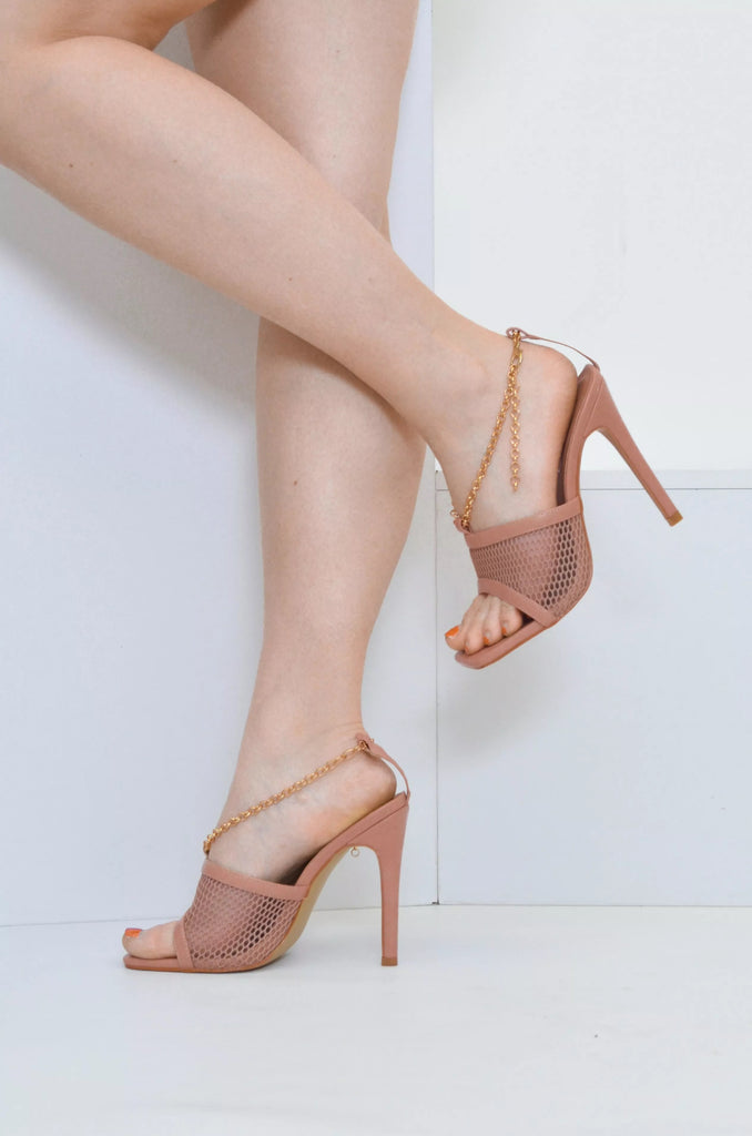 Mesh Chain Ankle Strap Mule Heels -Dark Mocha