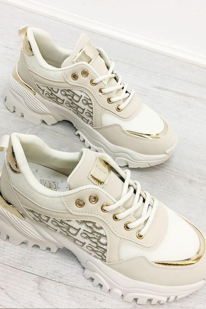 PRINTED CHUNKY MESH TRAINER -BEIGE