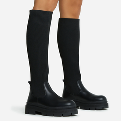 CHUNKY SOLE KNEE HIGH SOCK BOOT -Black