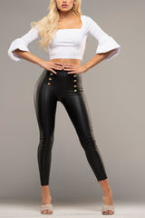 DOUBLE BUTTON FAUX LEATHER LEGGINGS -Black