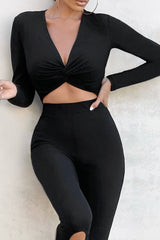 LONG SLEEVE FRONT CROP TOP & STIRRUP LEGGINGS -Black