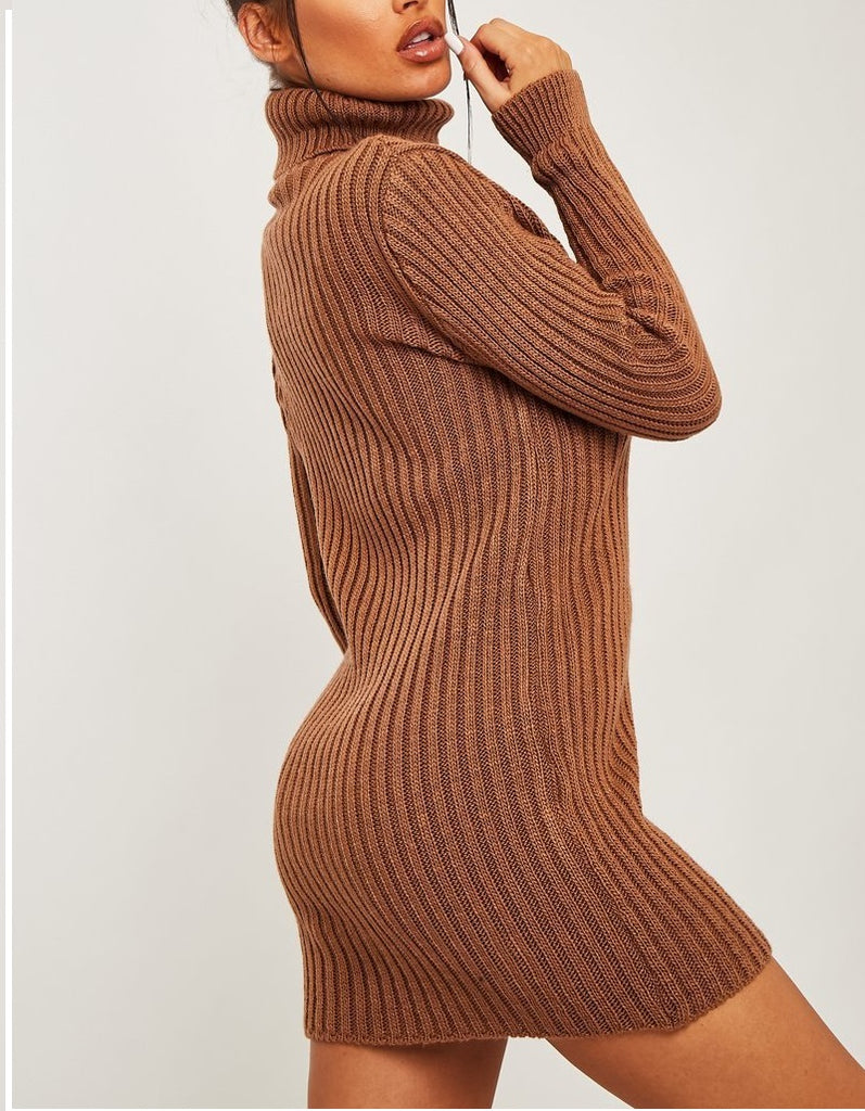 Roll Neck Knit Mini Dress -Brown