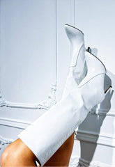 Leather Look Croc Pointed Heeled Boot -White
