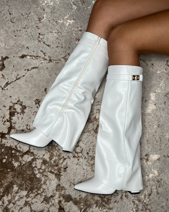 Fold Over Shark Classic Buckle Knee High Boot -White