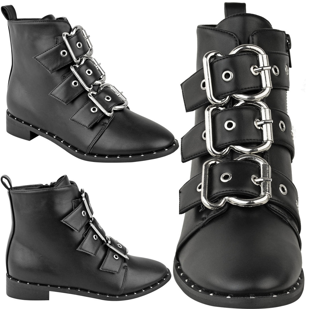 Strappy Studded Ankle Boots -Black