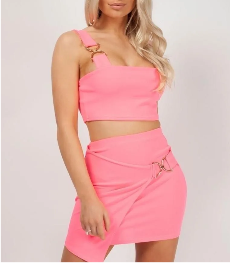 Buckle Crop Top & Skirt Set -Neon Pink