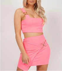 Buckle Crop Top & Skirt Set -Neon Pink