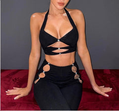Ribbed Cut Out Crop Top & Trouser -Black