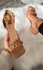 PU CHUNKY CHAIN DETAIL STRAP HEELS -Mocha