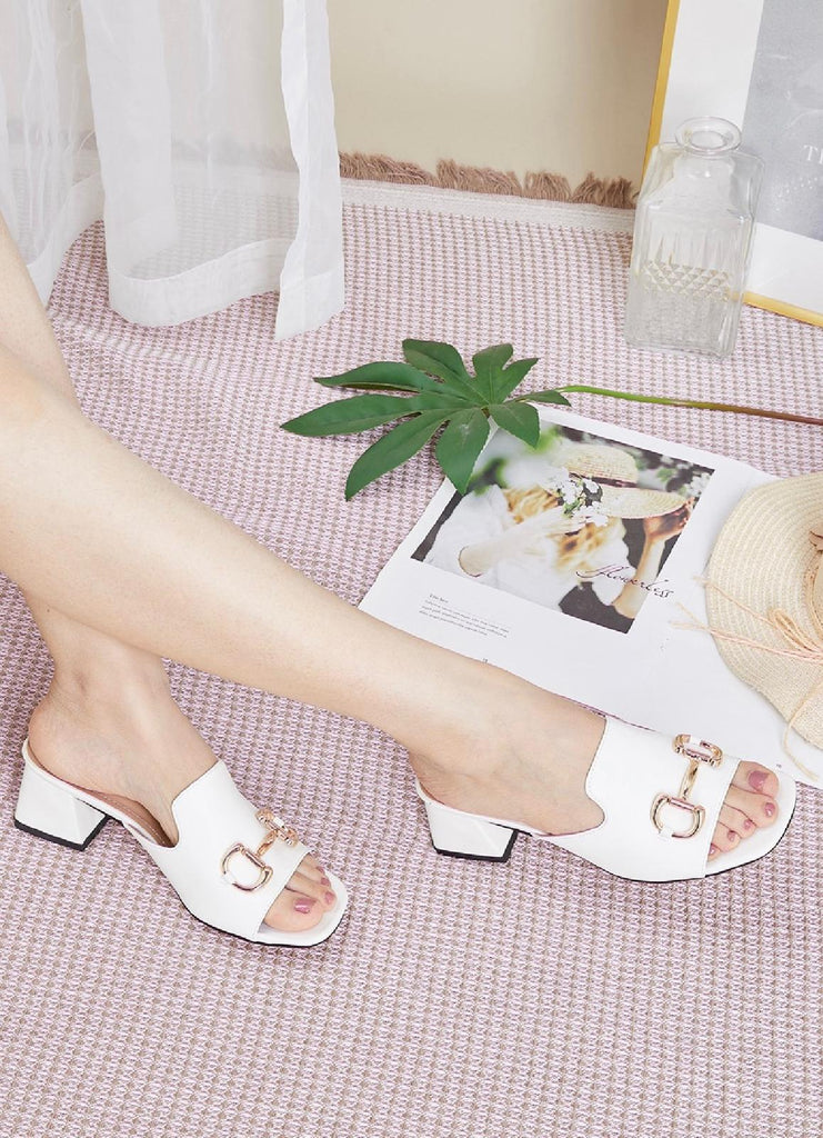 Block Heel Horsebit Mule -White