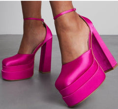 PLATFORM BLOCK HEEL COURT PUMP -FUCHSIA PINK