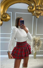 Checked Ruffle Mini Skirt -Red