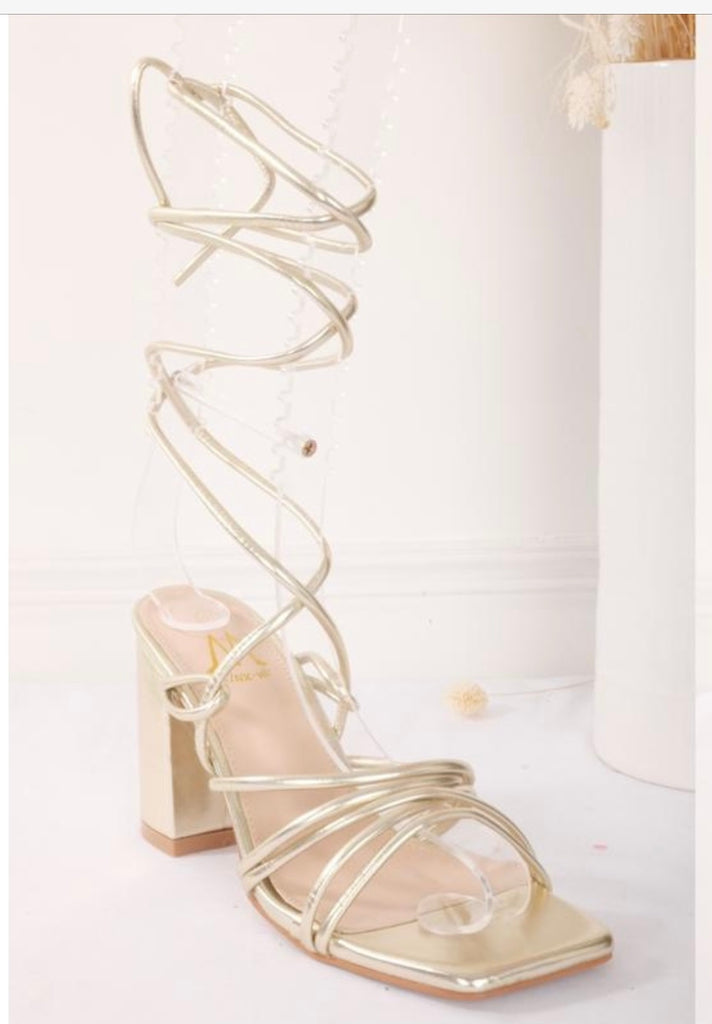 Lace Up Block Heel -Gold