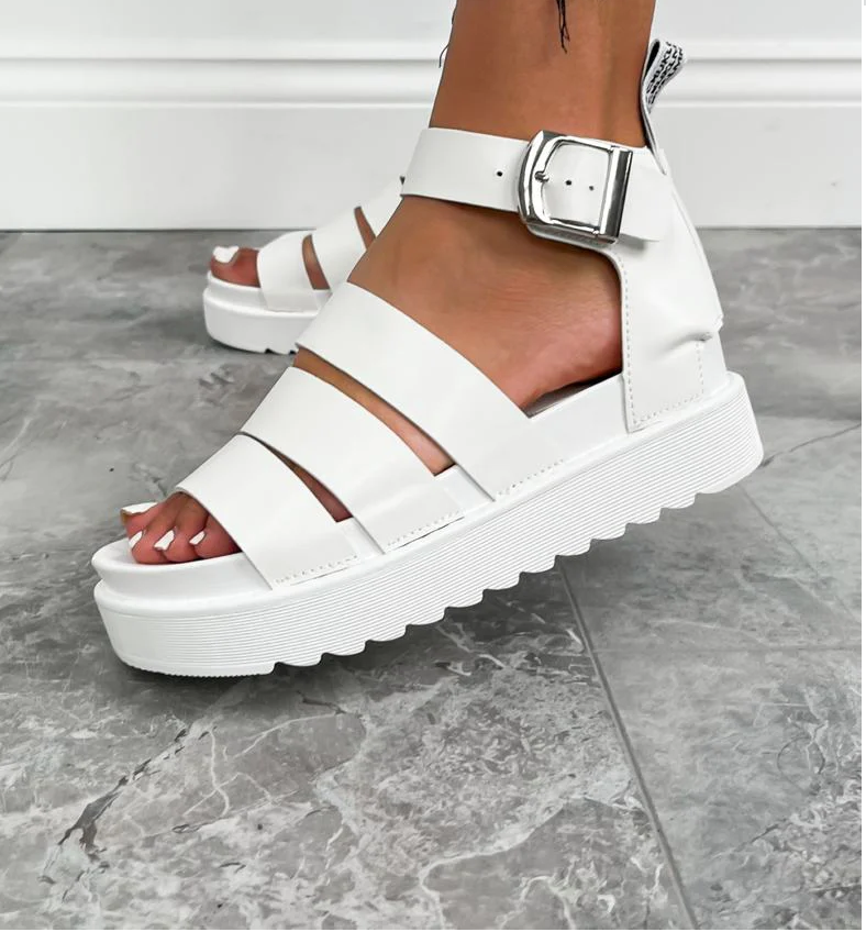 Buckle Detailed Sandals -White Solid