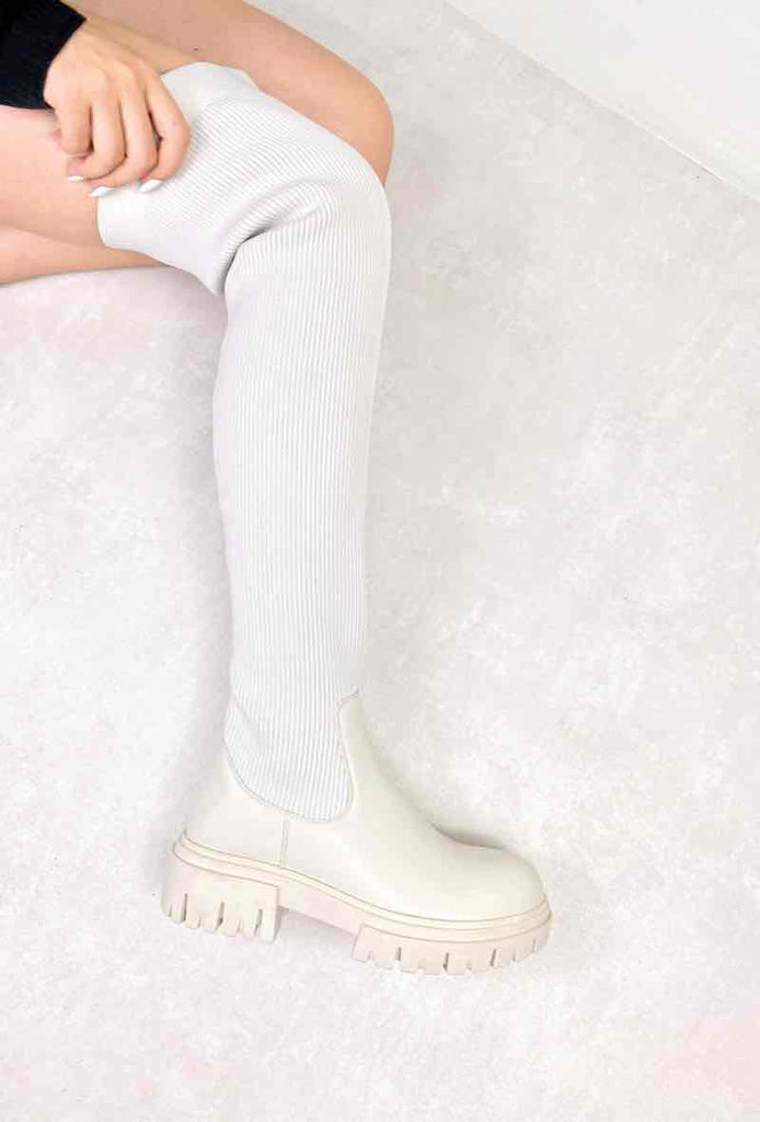 Socks Over Knee Boot -Cream