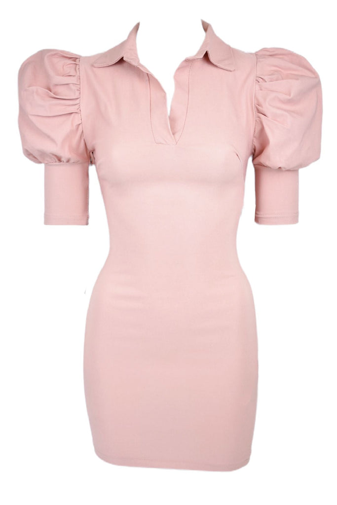 Puff Sleeve Shirt Dress -Pink