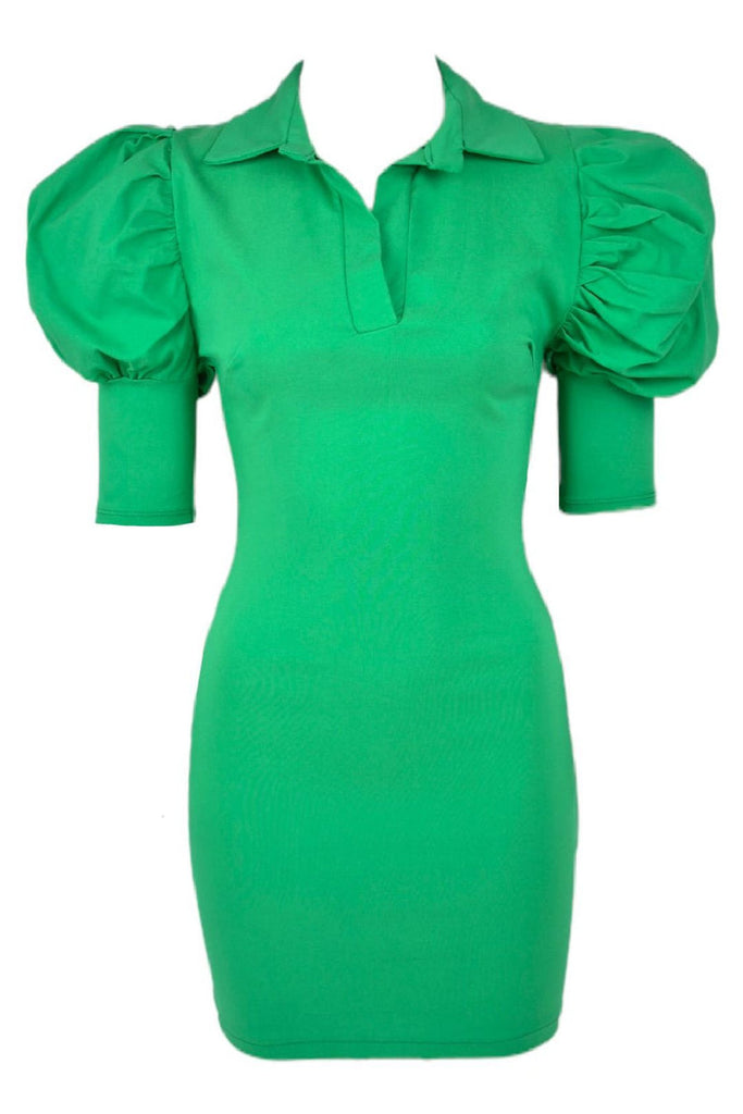 Puff Sleeve Shirt Dress -Green