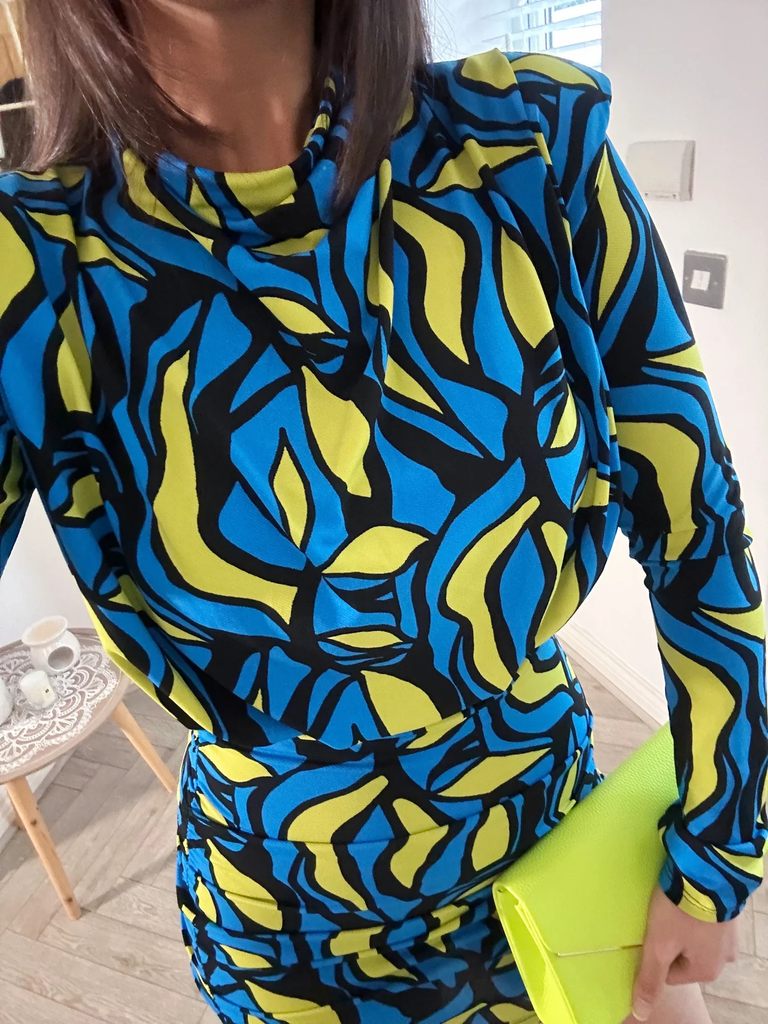 Geometric Print Gathered Shoulder Pad Dress -Lime/Blue