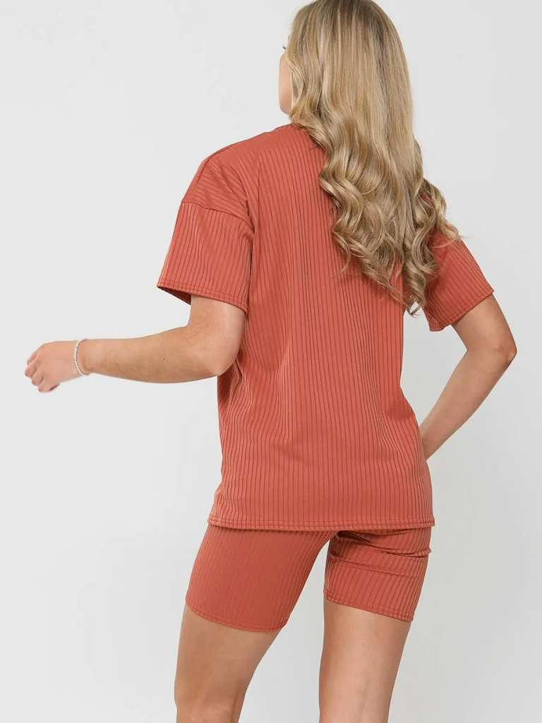 Ribbed T-Shirt & Shorts Co-ord -Rust