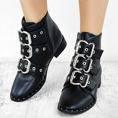 Strappy Studded Ankle Boots -Black