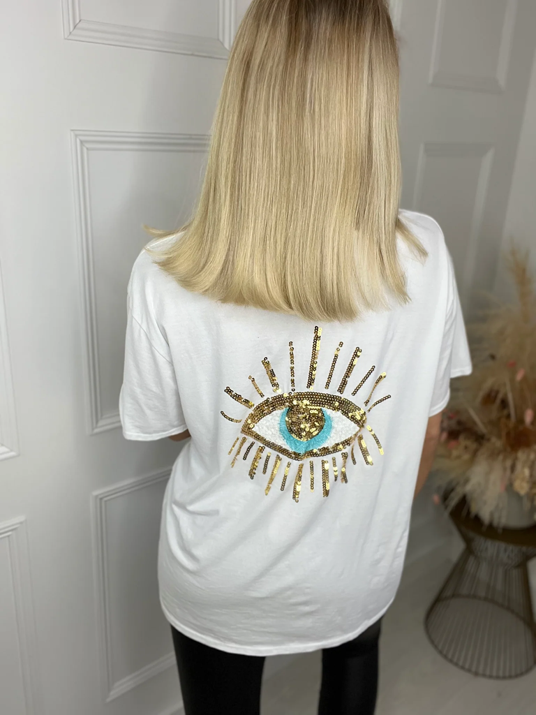 Sequin Eye Back T-Shirt -White